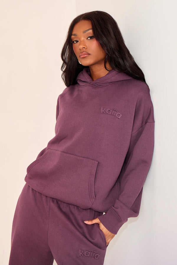 Kaiia Embossed Logo Oversized Hoodie Aubergine