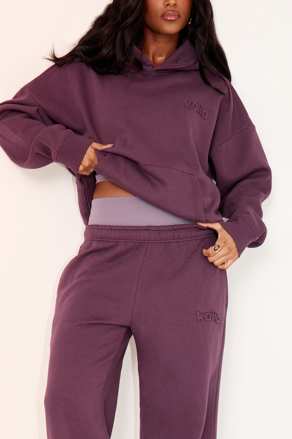 Kaiia Embossed Logo Oversized Hoodie Aubergine