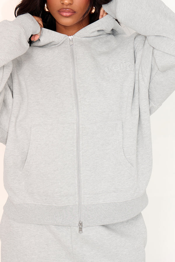 Kaiia Embossed Logo Zip Through Oversized Hoodie Mid Grey Marl