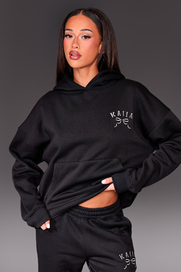 Kaiia Bow Embroidered Oversized Hoodie Black & Silver