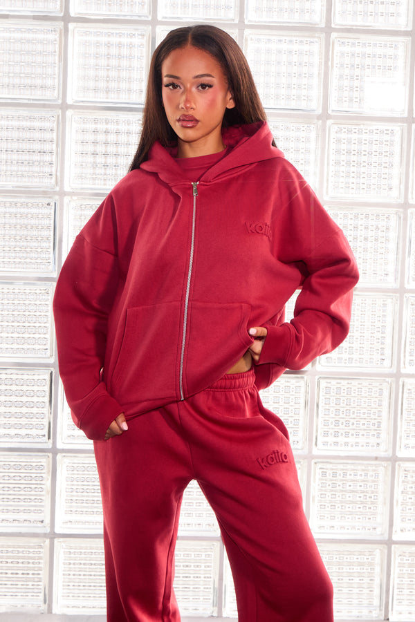 Kaiia Embossed Logo Oversized Zip Through Hoodie Deep Red