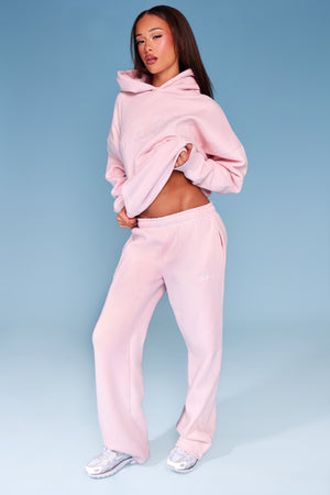 Kaiia Slogan Contrast Stitch Wide Leg Joggers Pink & White