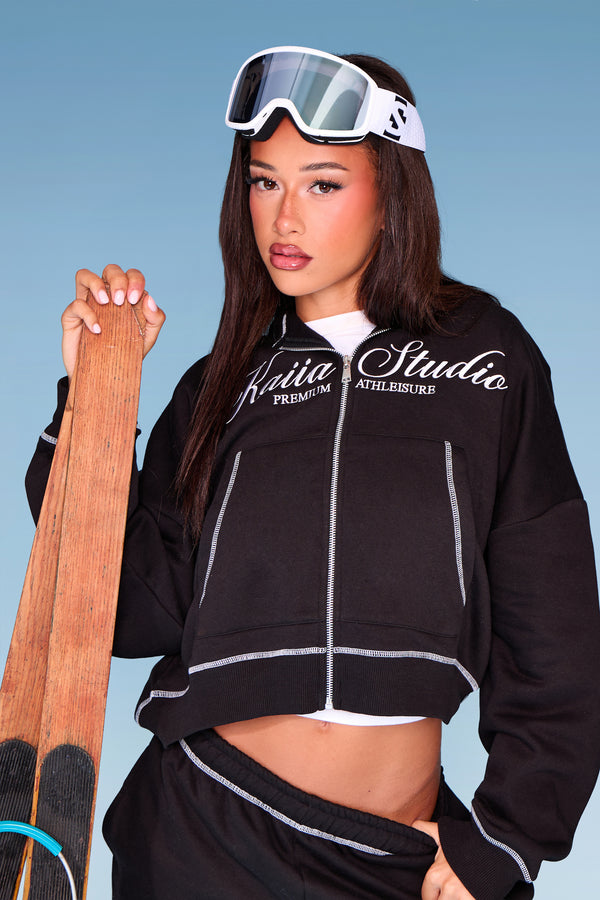 Kaiia Script Contrast Stitch Oversized Zip Through Hoodie Black & White