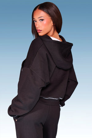 Kaiia Script Contrast Stitch Oversized Zip Through Hoodie Black & White