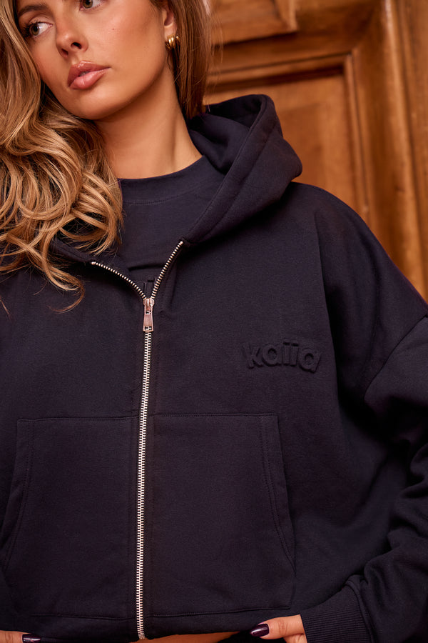 Kaiia Embossed Oversized Zip Through Hoodie Navy