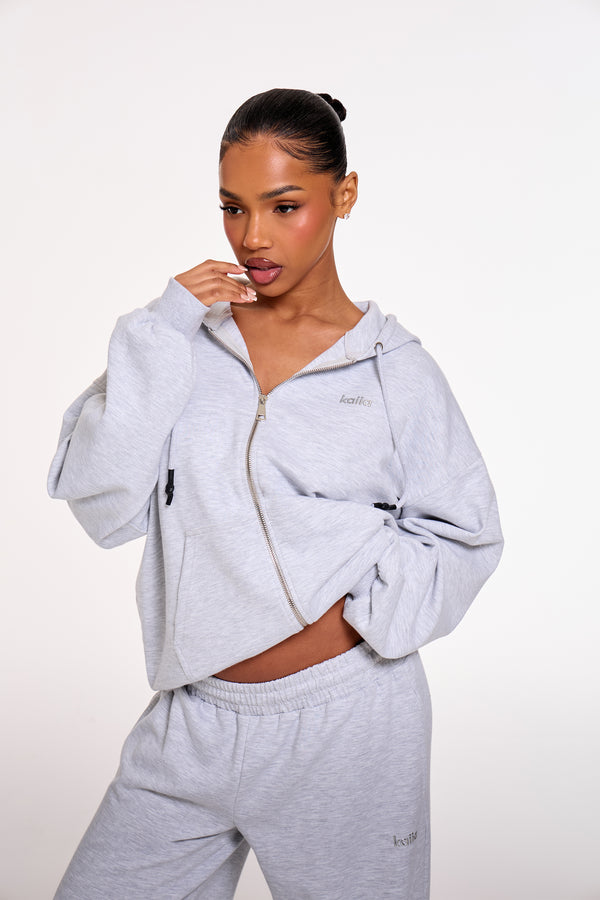 Kaiia Chrome Logo Premium Interlock Oversized Zip Through Hoodie Light Grey Marl