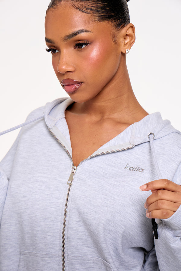 Kaiia Chrome Logo Premium Interlock Oversized Zip Through Hoodie Light Grey Marl