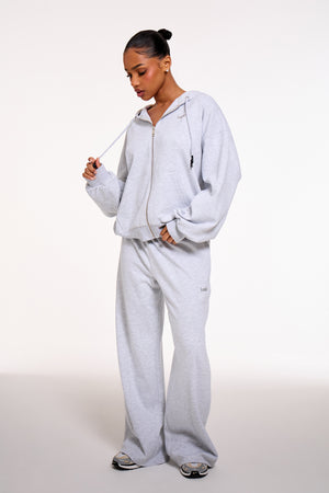 Kaiia Chrome Logo Premium Interlock Oversized Zip Through Hoodie Light Grey Marl