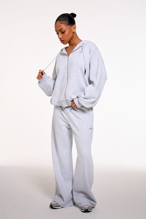 Kaiia Chrome Logo Premium Interlock Oversized Zip Through Hoodie Light Grey Marl