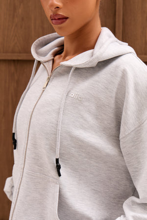 Kaiia Chrome Logo Premium Interlock Oversized Zip Through Hoodie Light Grey Marl