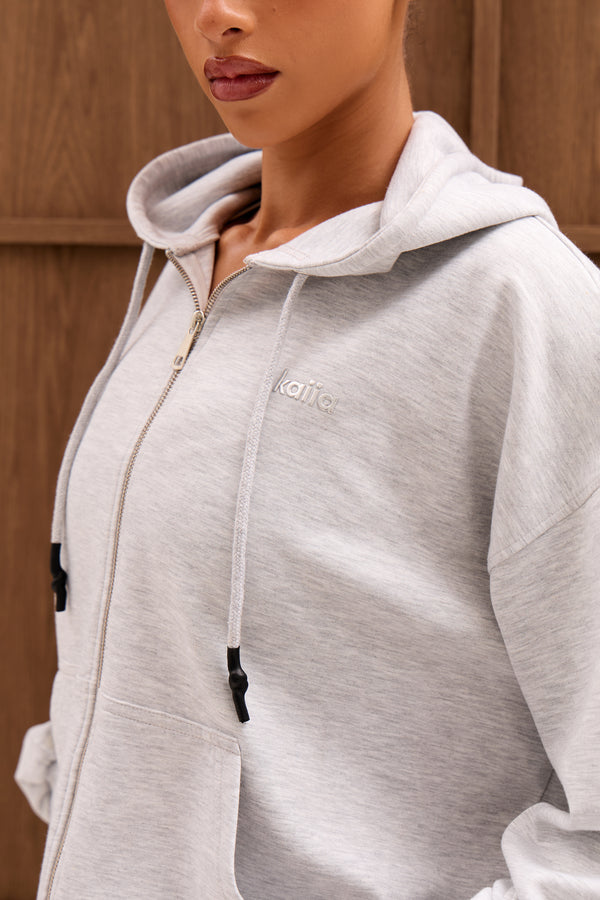 Kaiia Chrome Logo Premium Interlock Oversized Zip Through Hoodie Light Grey Marl