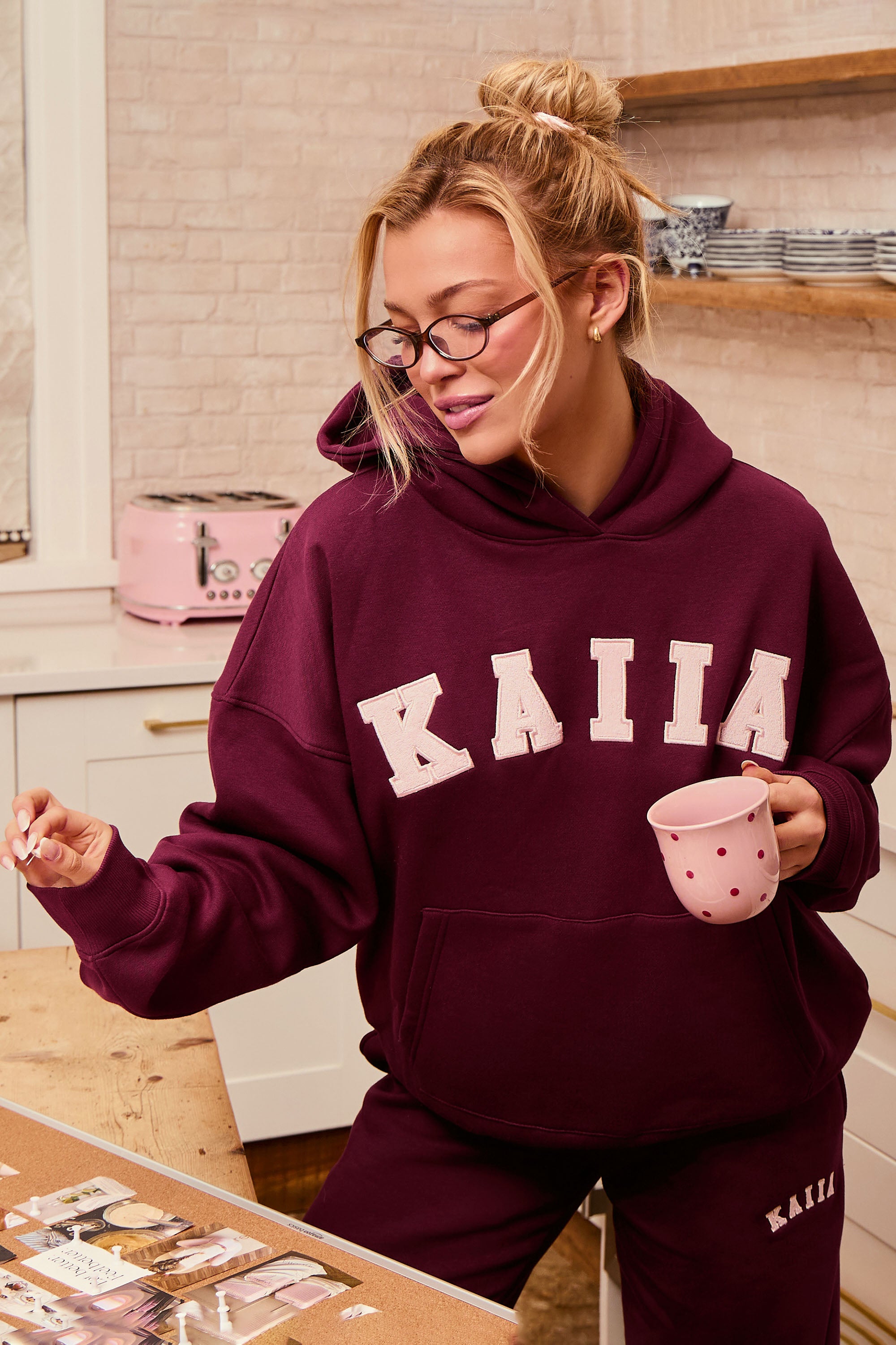 Kaiia Slogan Oversized Hoodie Deep Burgundy & Pink | Kaiia