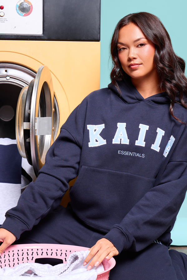 Kaiia Essentials Slogan Oversized Hoodie Navy & Baby Blue