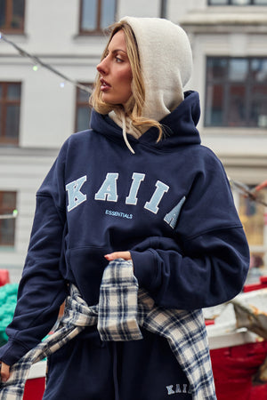 Kaiia Essentials Slogan Oversized Hoodie Navy & Baby Blue