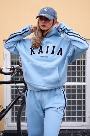 Kaiia Essentials Slogan Side Stripe Oversized Hoodie Baby Blue & Navy