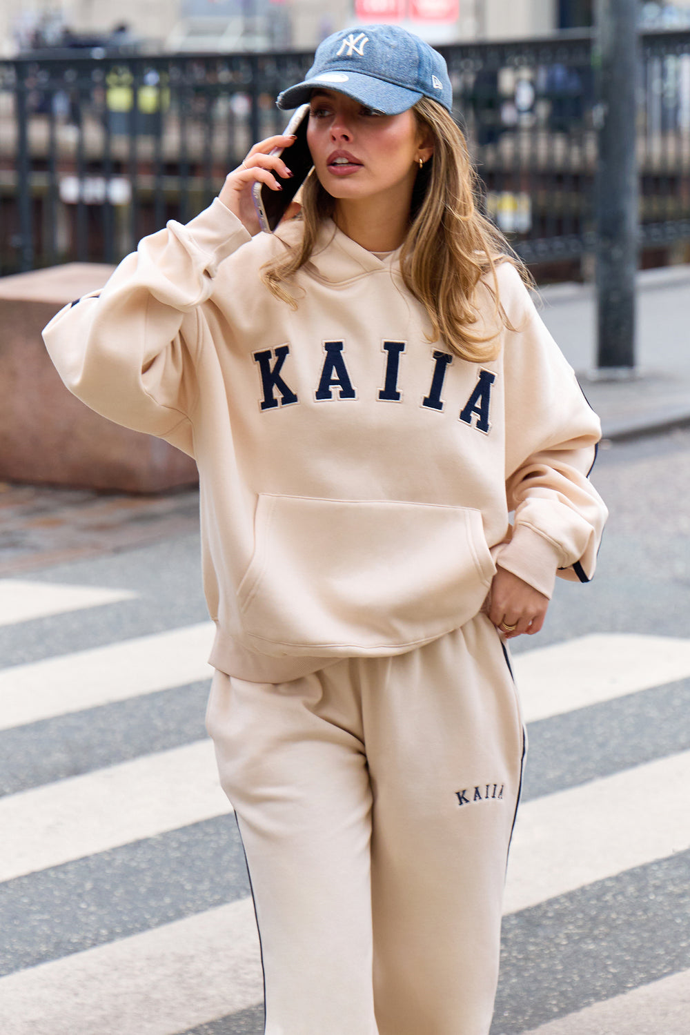Kaiia Essentials Side Stripe Oversized Hoodie Cream & Navy