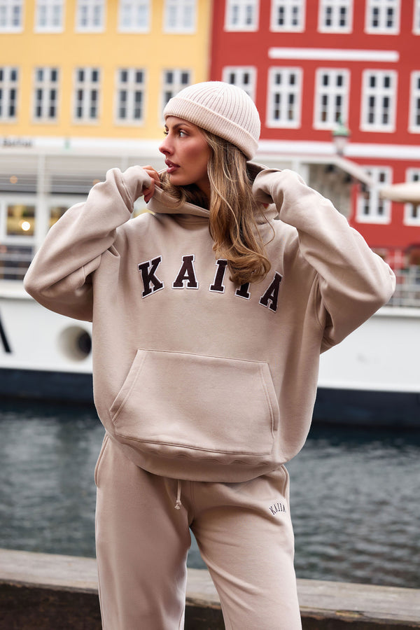 Kaiia Essentials Slogan Oversized Hoodie Ash Taupe & Bitter Chocolate