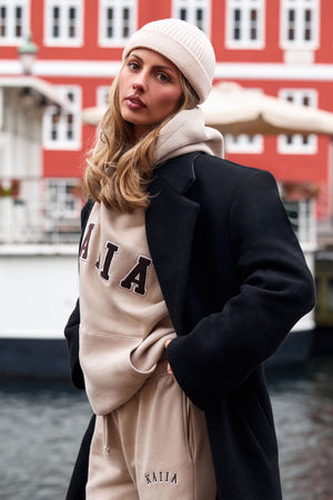 Kaiia Essentials Slogan Oversized Hoodie Ash Taupe & Bitter Chocolate