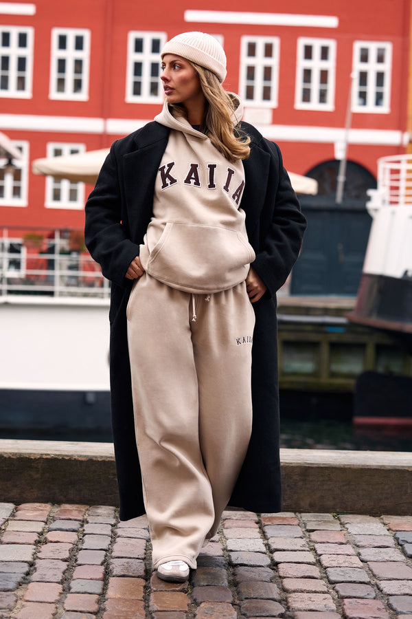 Kaiia Essentials Slogan Oversized Hoodie Ash Taupe & Bitter Chocolate