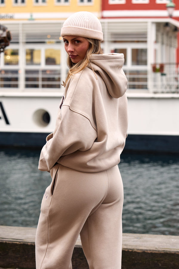 Kaiia Essentials Slogan Oversized Hoodie Ash Taupe & Bitter Chocolate