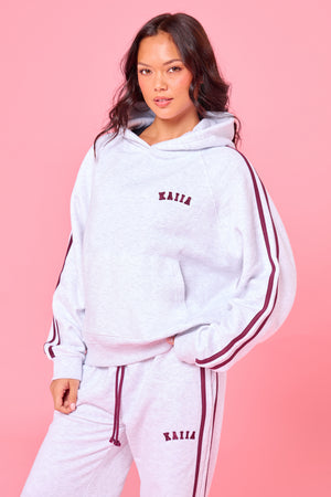 Kaiia Sport Side Stripe Oversized Hoodie Light Grey Marl & Burgundy