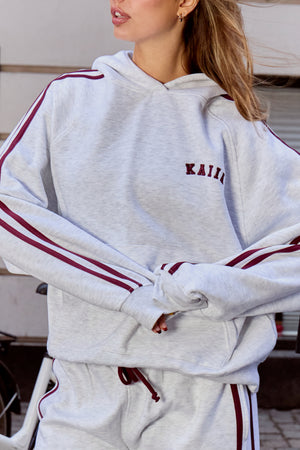 Kaiia Sport Side Stripe Oversized Hoodie Light Grey Marl & Burgundy