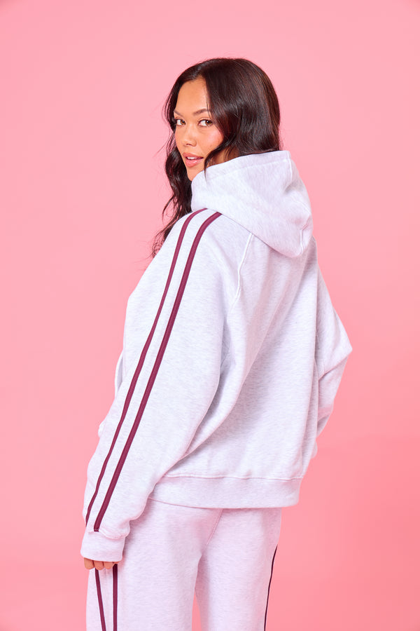 Kaiia Sport Side Stripe Oversized Hoodie Light Grey Marl & Burgundy