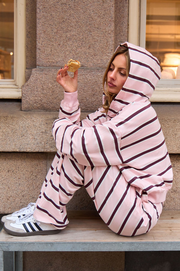 Kaiia Striped Oversized Zip Through Hoodie Pink & Chocolate