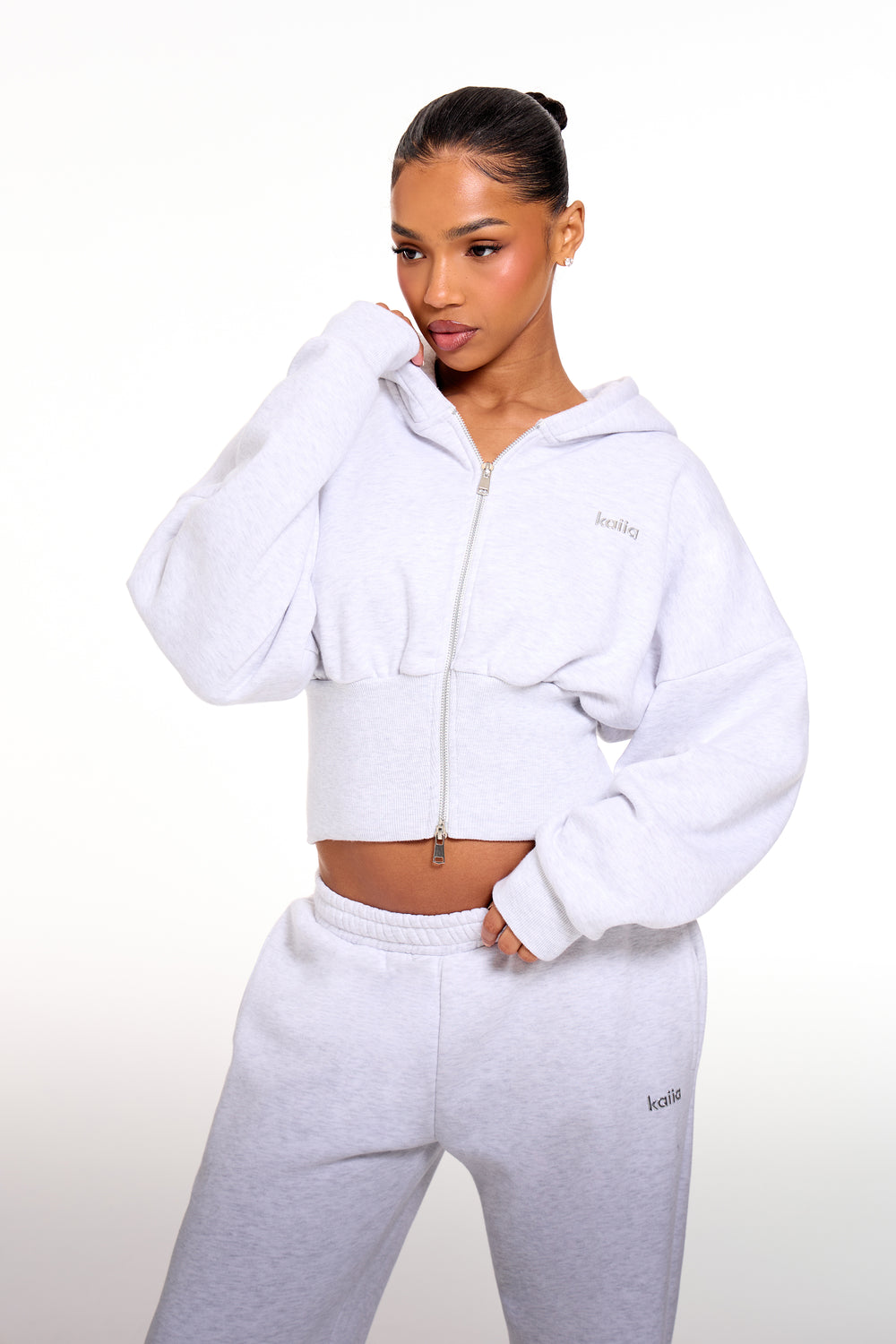 Kaiia Chrome Logo Corset Zip Through Hoodie Light Grey Marl