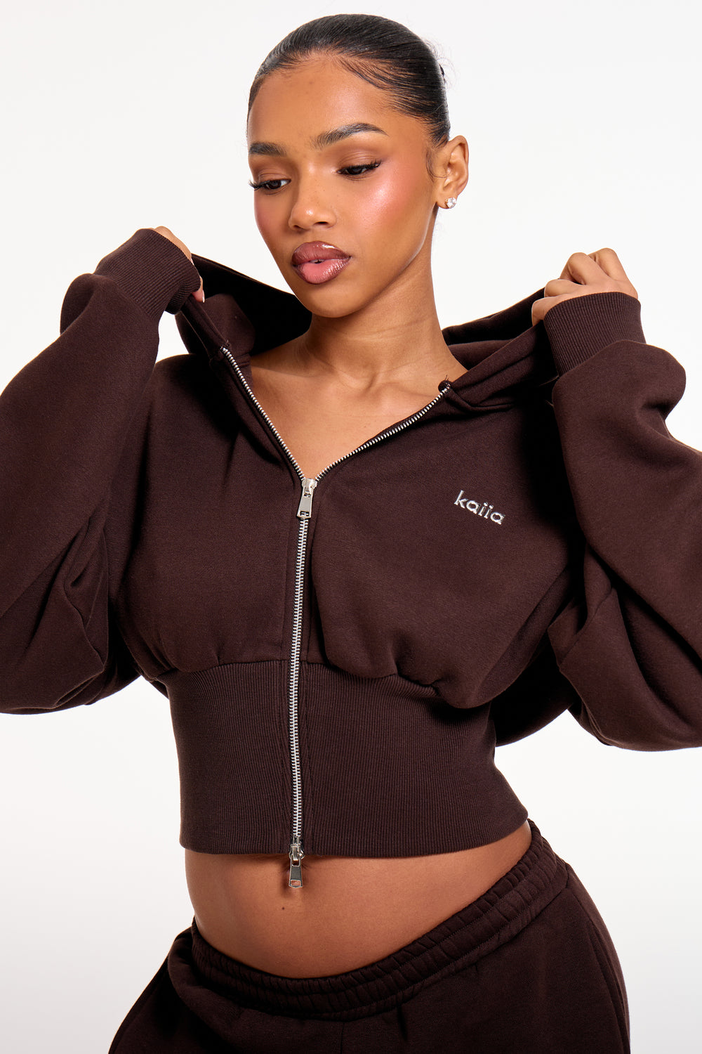 Kaiia Chrome Logo Corset Zip Through Hoodie Bitter Chocolate