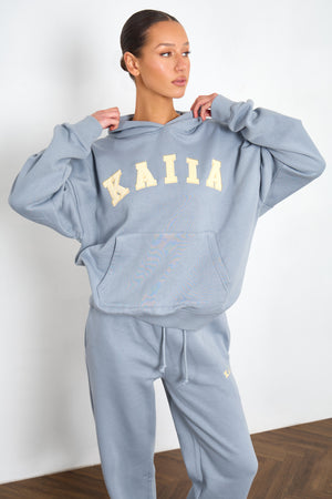 Kaiia Slogan Oversized Hoodie Mist Grey & Yellow
