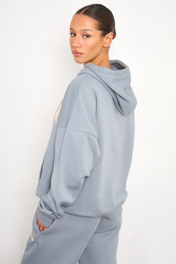Kaiia Slogan Oversized Hoodie Mist Grey & Yellow