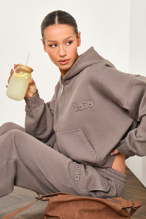 Kaiia Embossed Logo Oversized Zip Through Hoodie Washed Storm Grey