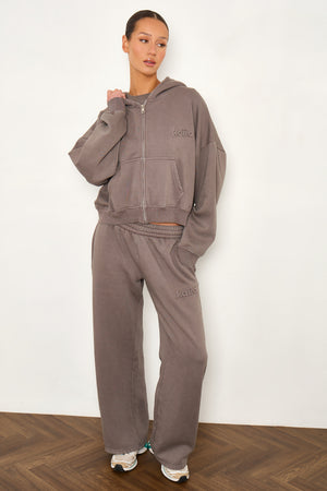 Kaiia Embossed Logo Oversized Zip Through Hoodie Washed Storm Grey