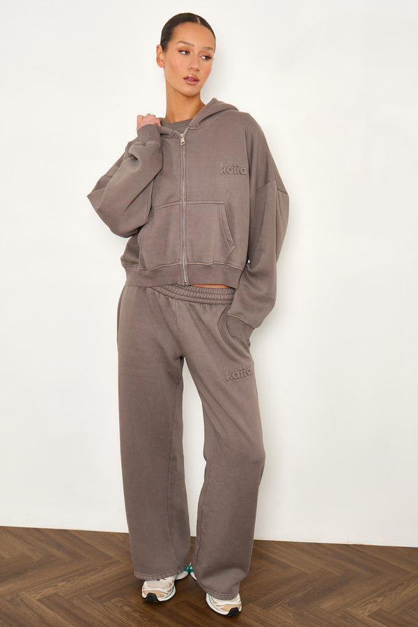 Kaiia Embossed Logo Oversized Zip Through Hoodie Washed Storm Grey