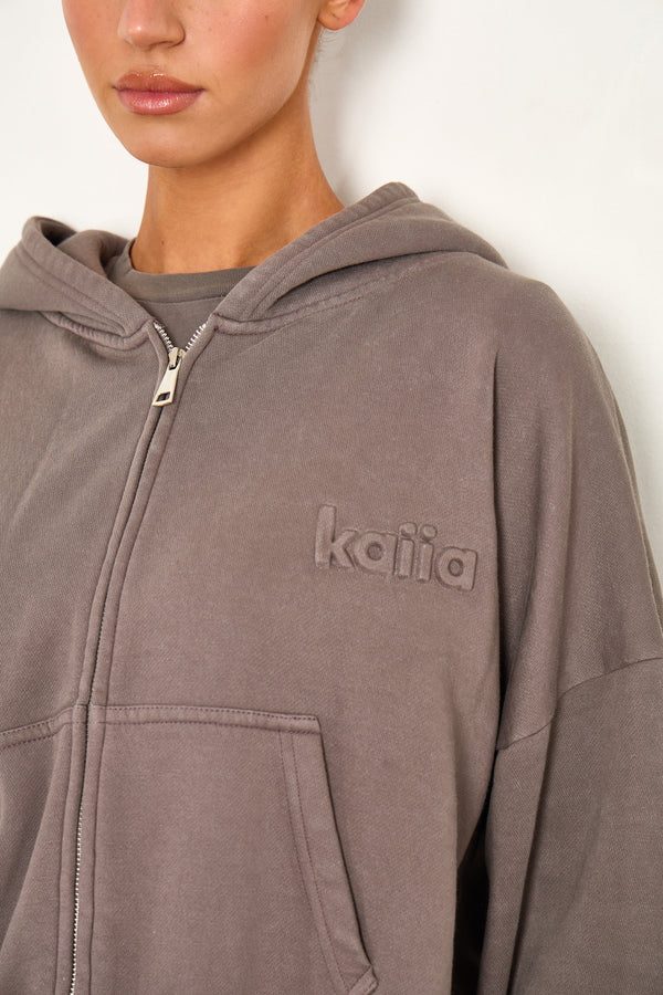 Kaiia Embossed Logo Oversized Zip Through Hoodie Washed Storm Grey