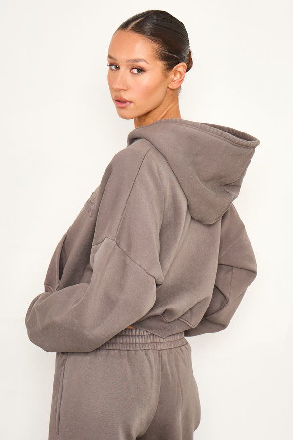 Kaiia Embossed Logo Oversized Zip Through Hoodie Washed Storm Grey