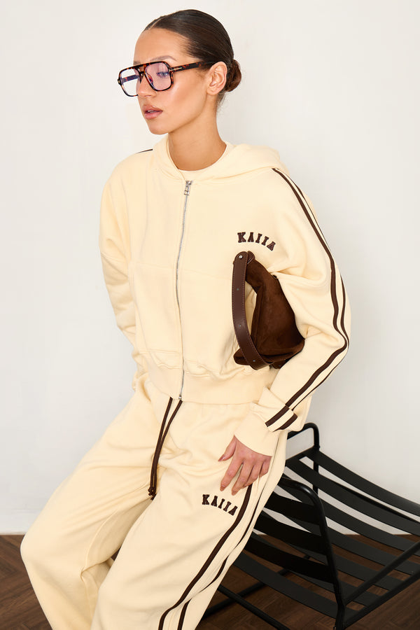 Kaiia Sport Side Stripe Oversized Zip Through Hoodie Butter Yellow & Brown