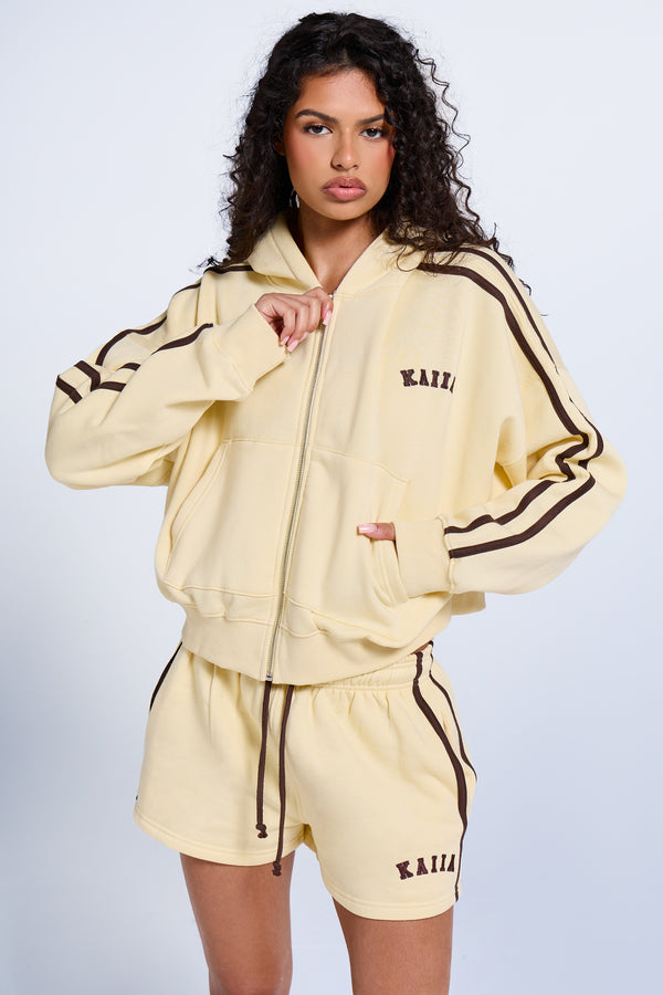 Kaiia Sport Side Stripe Oversized Zip Through Hoodie Butter Yellow & Brown