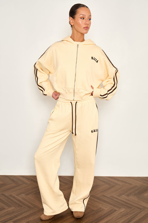 Kaiia Sport Side Stripe Oversized Zip Through Hoodie Butter Yellow & Brown