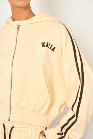 Kaiia Sport Side Stripe Oversized Zip Through Hoodie Butter Yellow & Brown