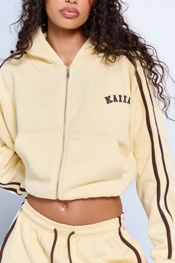 Kaiia Sport Side Stripe Oversized Zip Through Hoodie Butter Yellow & Brown