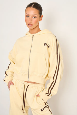 Kaiia Sport Side Stripe Oversized Zip Through Hoodie Butter Yellow & Brown
