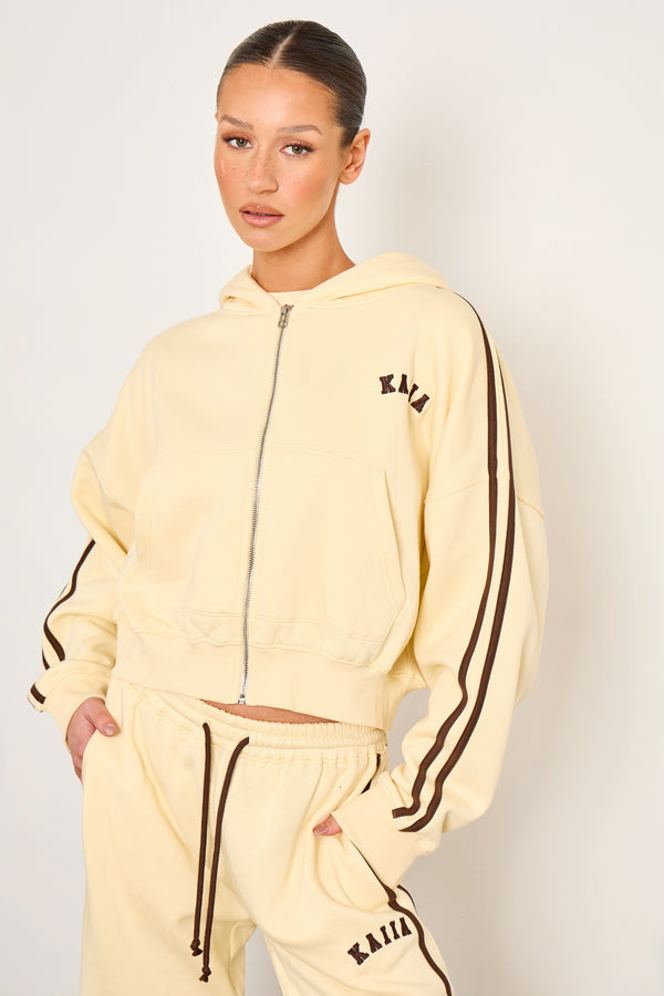 Kaiia Sport Side Stripe Oversized Zip Through Hoodie Butter Yellow & Brown