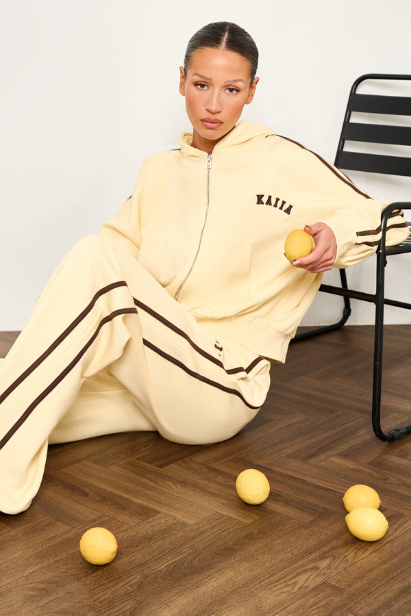 Kaiia Sport Side Stripe Oversized Zip Through Hoodie Butter Yellow & Brown