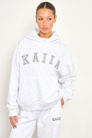 Kaiia Chainstitch Slogan Oversized Hoodie Light Grey Marl