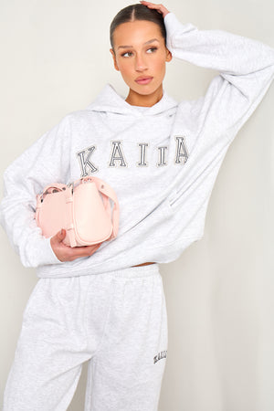 Kaiia Chainstitch Slogan Oversized Hoodie Light Grey Marl