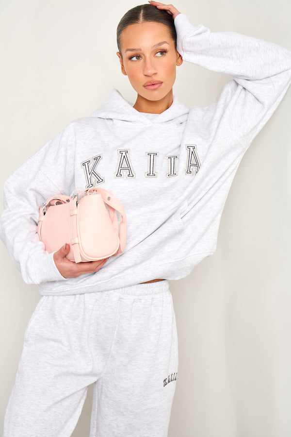 Kaiia Chainstitch Slogan Oversized Hoodie Light Grey Marl