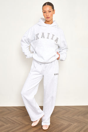 Kaiia Chainstitch Slogan Oversized Hoodie Light Grey Marl