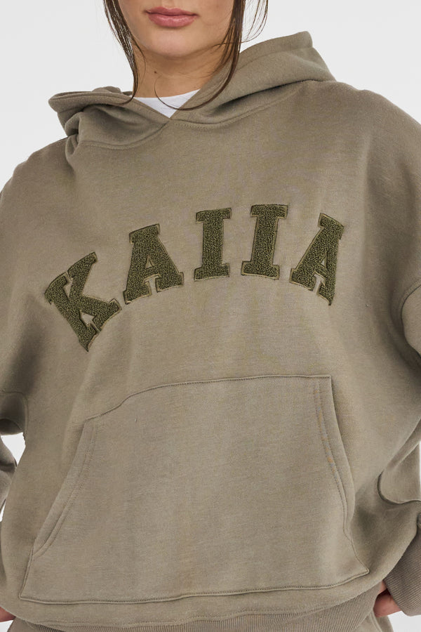 Kaiia Slogan Oversized Hoodie Khaki